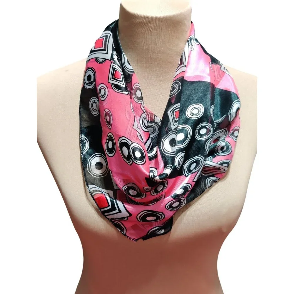 Womens Scarf Pink Black Geometric Print Lightweight Sheer Square Mod Retro Chic